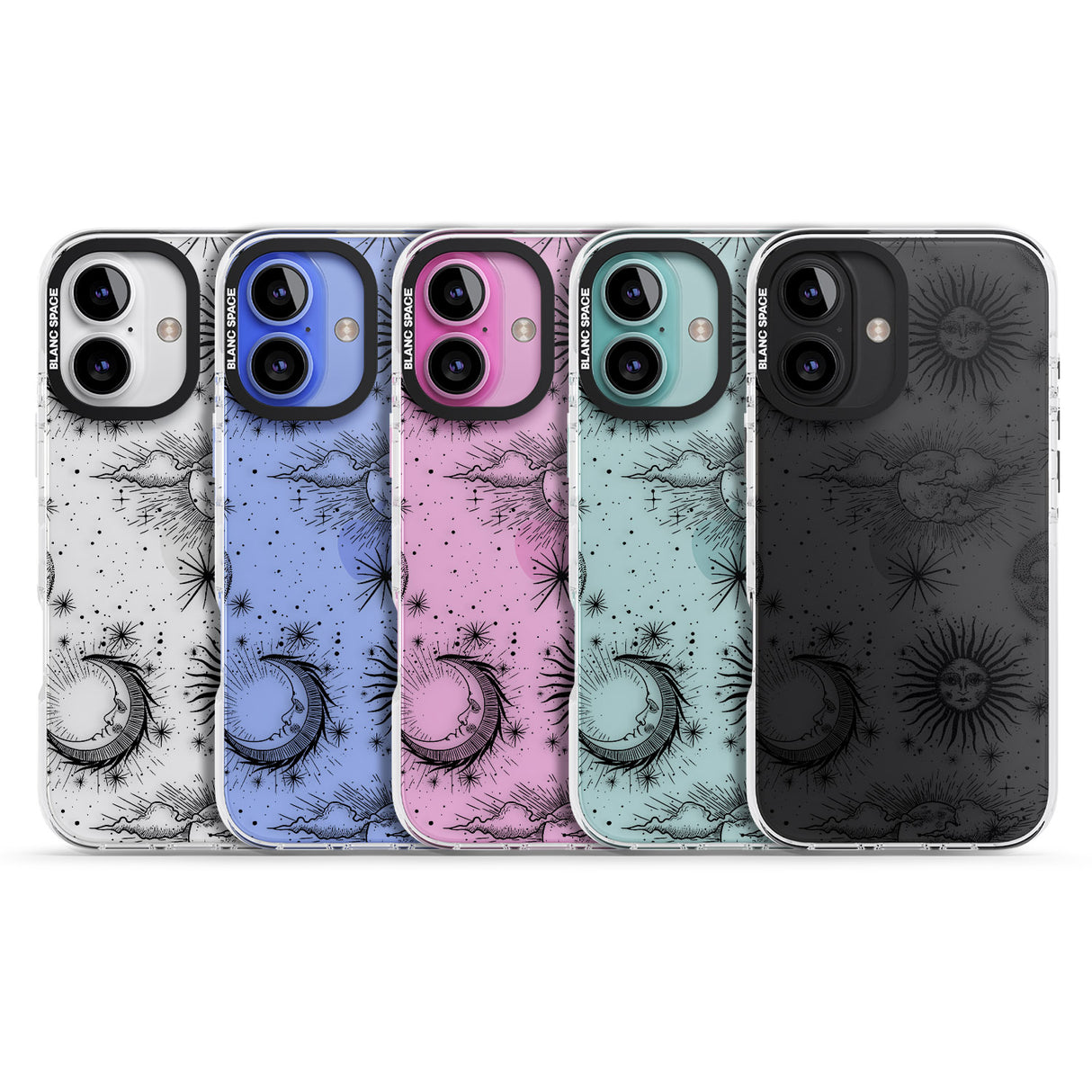 iPhone 16 Pro Max Transparent Suns, Moons & Clouds Black Impact Phone Case