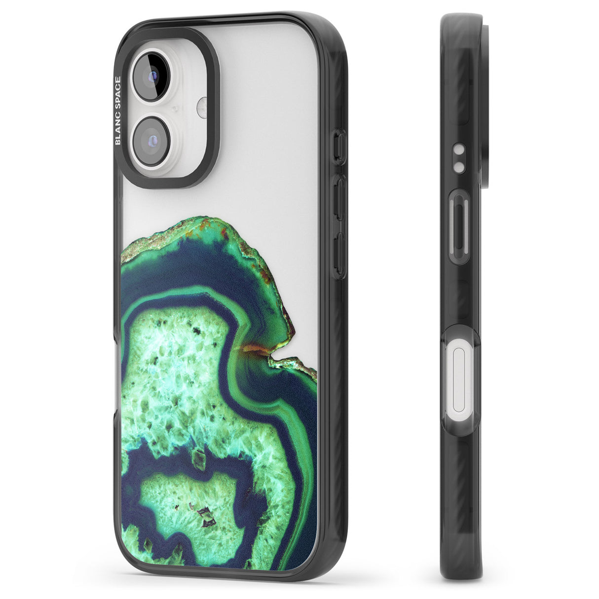 iPhone 16 Pro Max Neon Green & Blue Agate Crystal Transparent Design Black Impact Phone Case