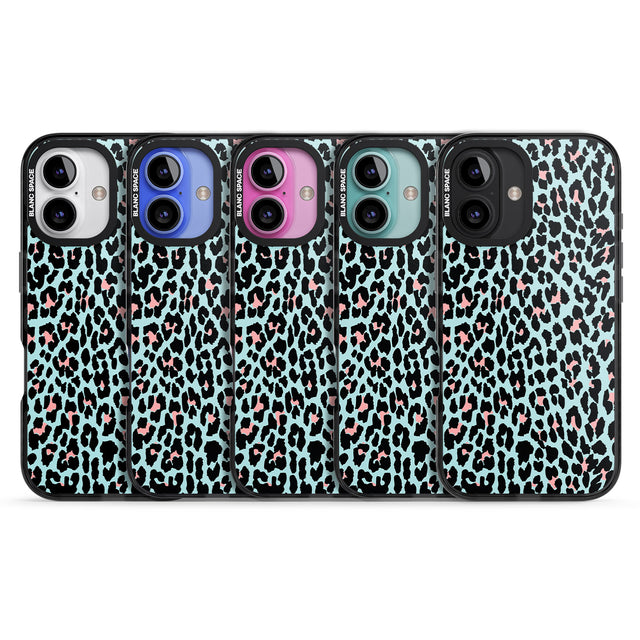 iPhone 16 Pro Max Light Pink on Blue Leopard Print Pattern Black Impact Phone Case