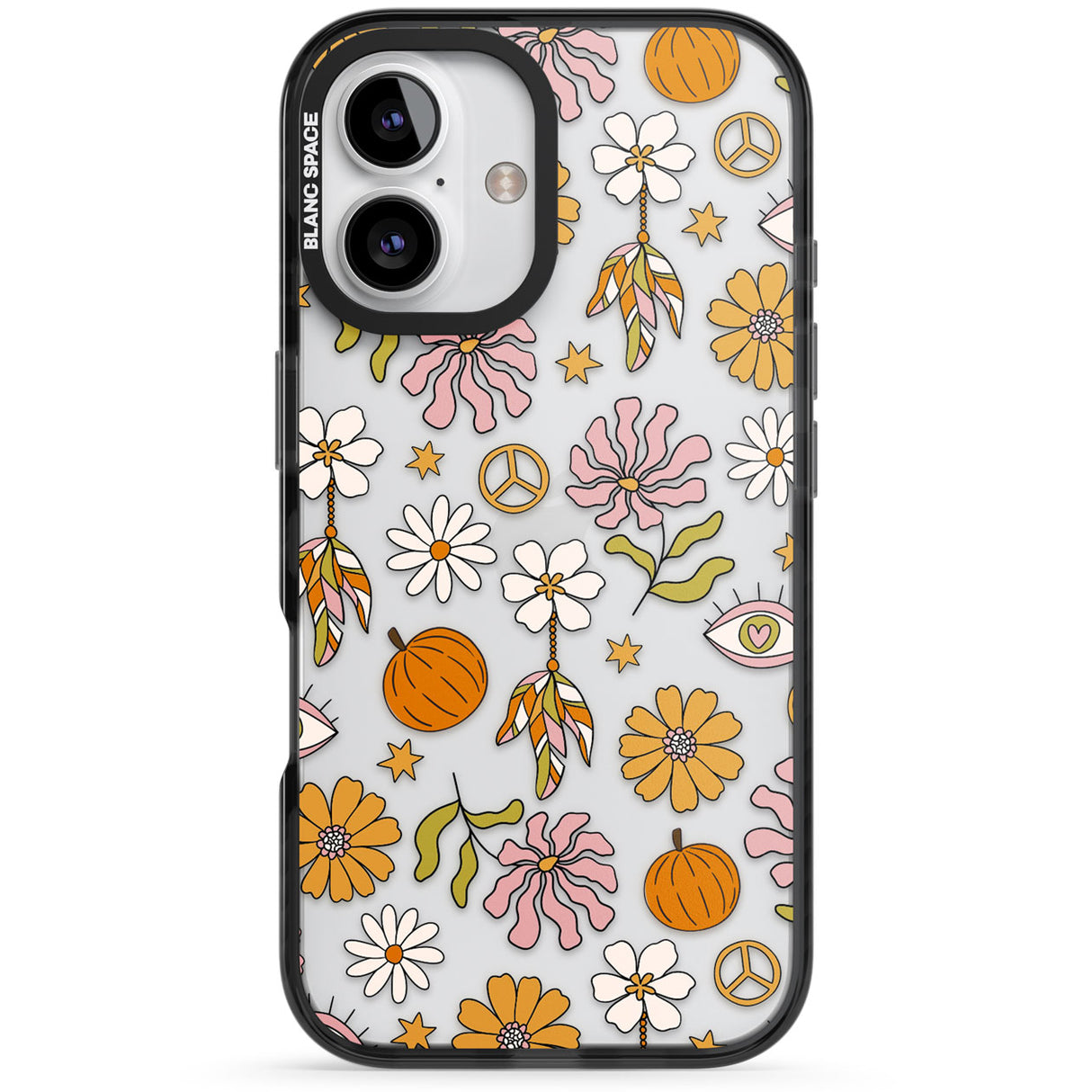 Retro Boho Fall Floral Black Impact Phone Case for iPhone 16, iPhone 16 Plus