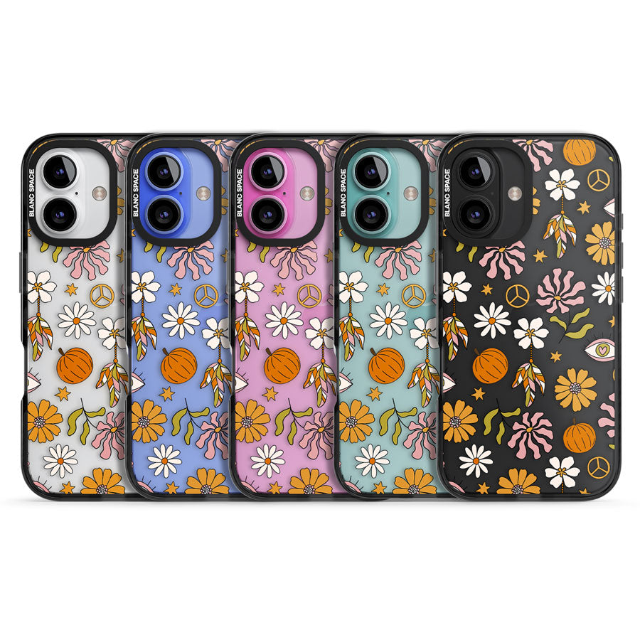 Retro Boho Fall Floral Black Impact Phone Case for iPhone 16, iPhone 16 Plus