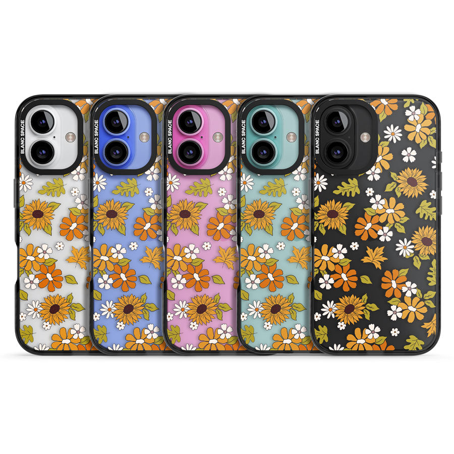 Boho Sunflowers Black Impact Phone Case for iPhone 16, iPhone 16 Plus