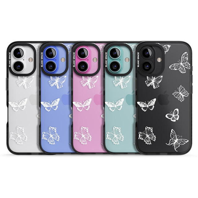 iPhone 16 Pro Max White Butterfly Line Pattern Black Impact Phone Case