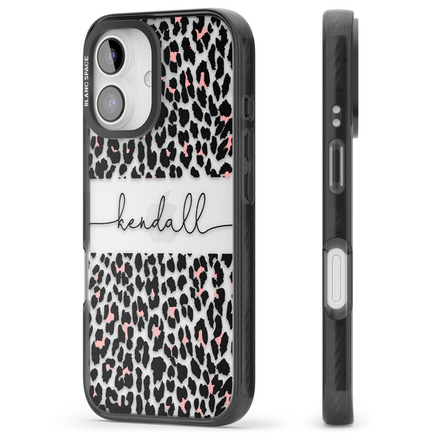 iPhone 16 Pro Max Personalised Pink & Cursive Leopard Spots Black Impact Phone Case