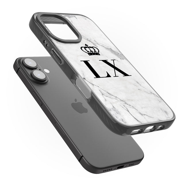 iPhone 16 Pro Max Personalised Initials with Crown on White Marble Black Impact Phone Case