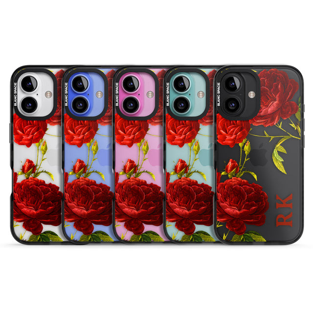 iPhone 16 Pro Max Personalised Clear Vintage Floral Red Roses Black Impact Phone Case