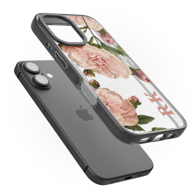 iPhone 16 Pro Max Personalised Clear Vintage Floral Pale Pink Peonies Black Impact Phone Case