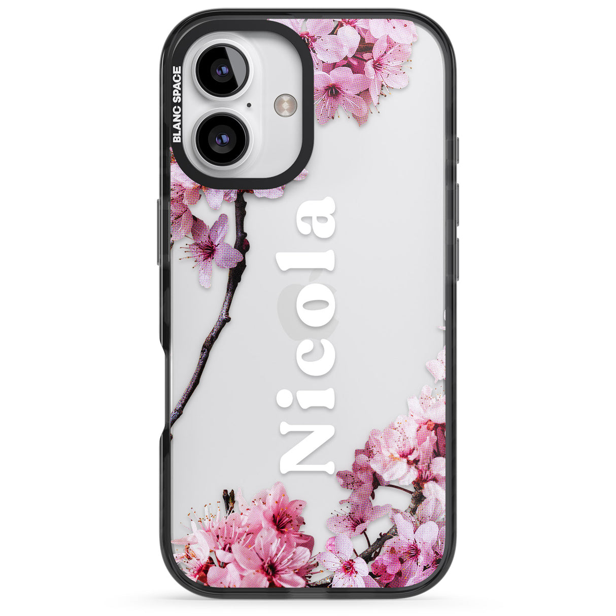 iPhone 16 Pro Max Personalised Cherry Blossoms with Text Black Impact Phone Case