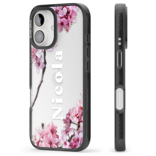 iPhone 16 Pro Max Personalised Cherry Blossoms with Text Black Impact Phone Case