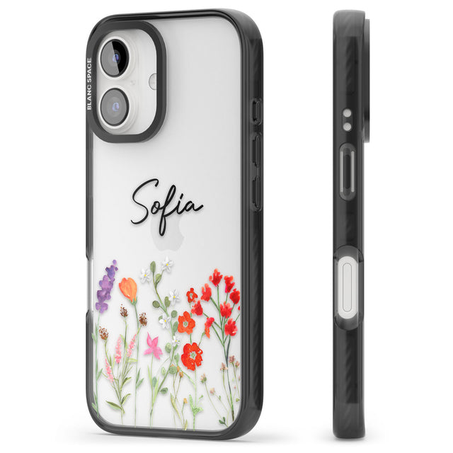 Personalised Spring Wildflowers Black Impact Phone Case for iPhone 16, iPhone 16 Plus