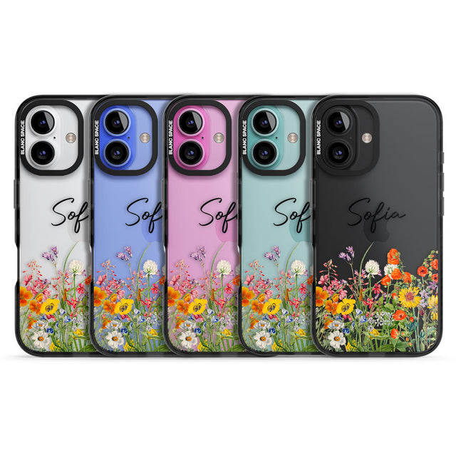 Personalised Summer Wildflowers Black Impact Phone Case for iPhone 16, iPhone 16 Plus