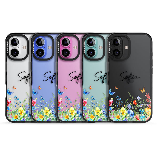 Personalised Buterflies & Wildflowers Black Impact Phone Case for iPhone 16, iPhone 16 Plus