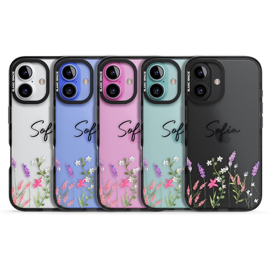 Personalised Lavender Wildflowers Black Impact Phone Case for iPhone 16, iPhone 16 Plus