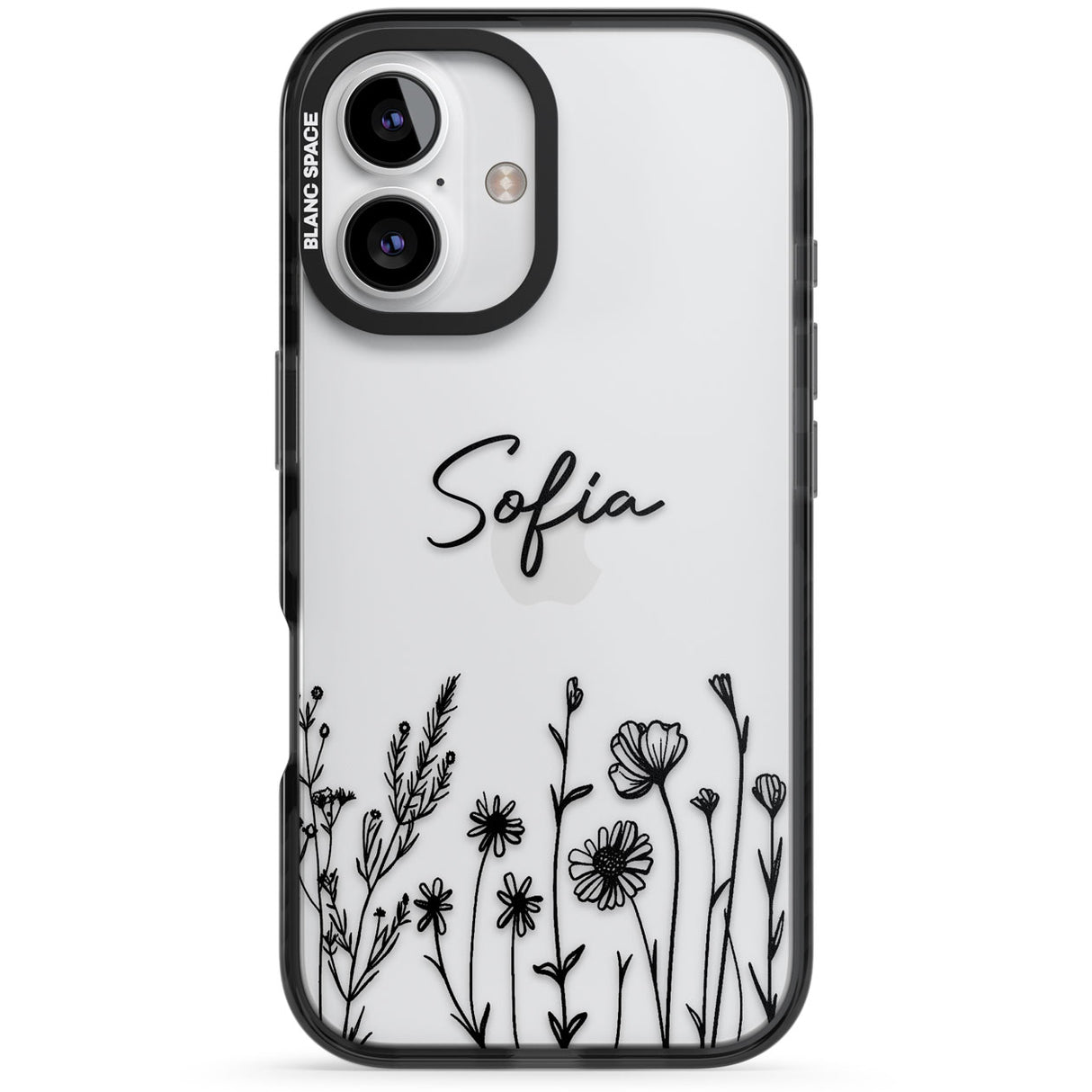 Personalised Black Wildflowers Black Impact Phone Case for iPhone 16, iPhone 16 Plus