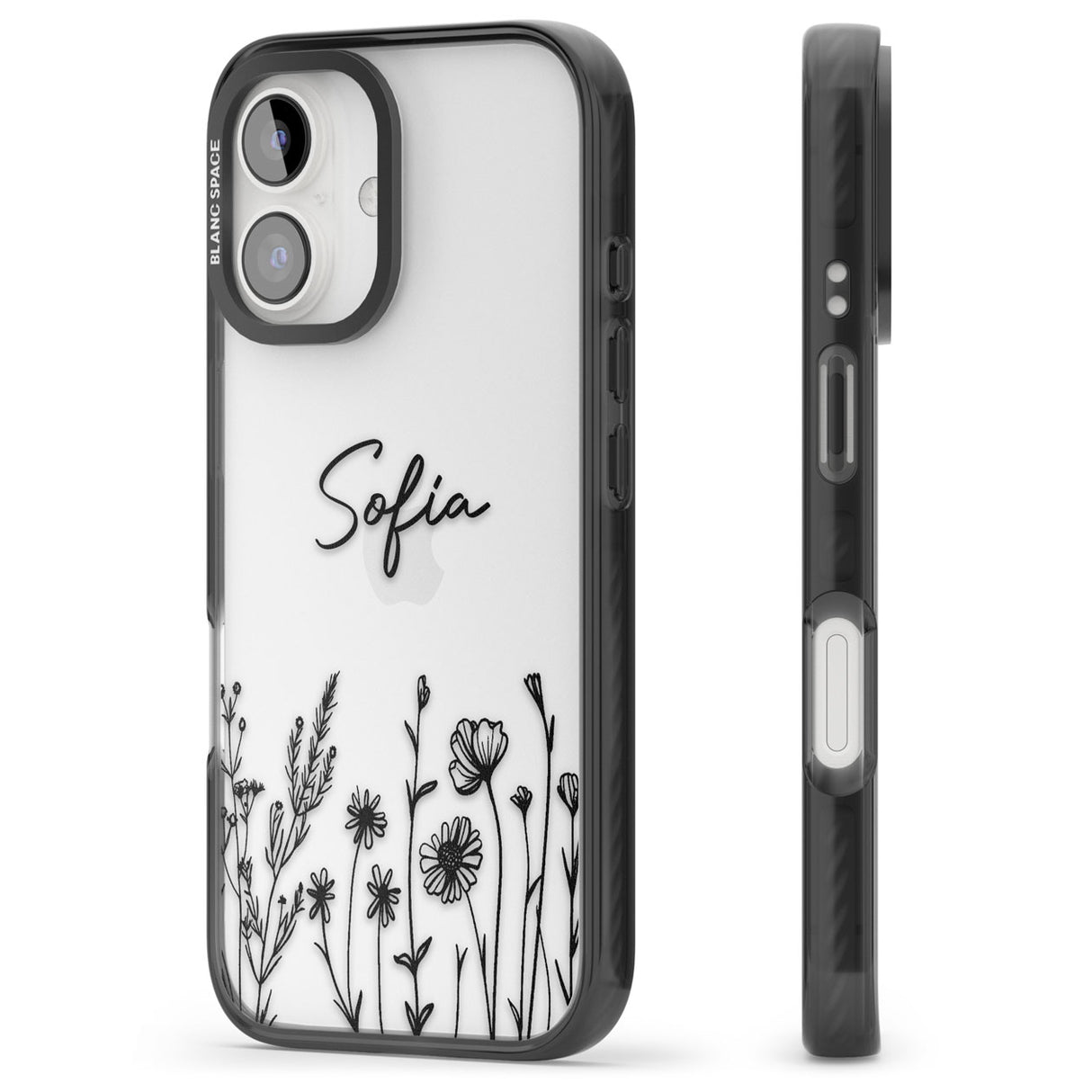 Personalised Black Wildflowers Black Impact Phone Case for iPhone 16, iPhone 16 Plus