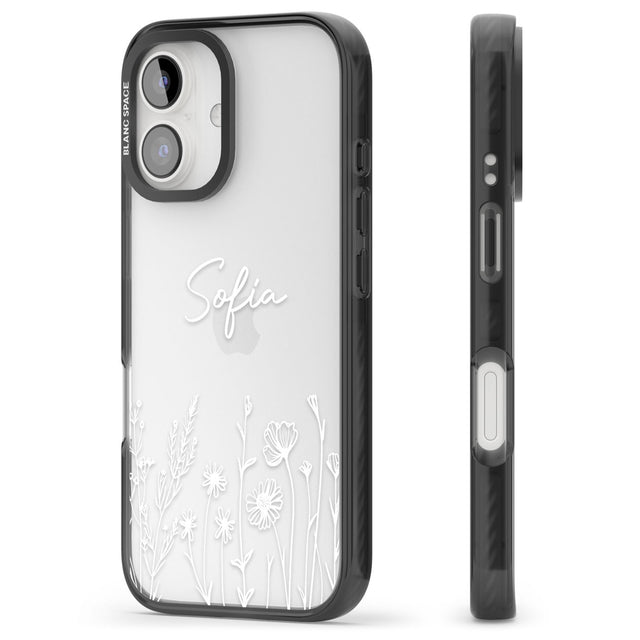 Personalised White Wildflowers Black Impact Phone Case for iPhone 16, iPhone 16 Plus