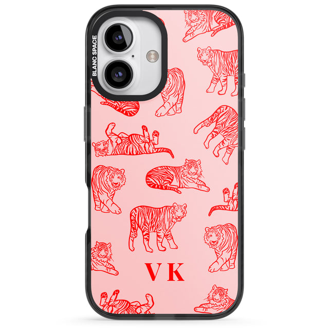 iPhone 16 Pro Max Personalised Red Tiger Outlines on Pink Black Impact Phone Case