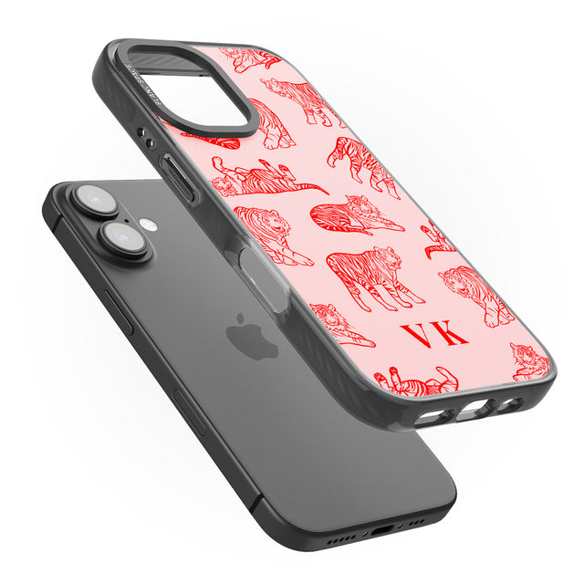 iPhone 16 Pro Max Personalised Red Tiger Outlines on Pink Black Impact Phone Case