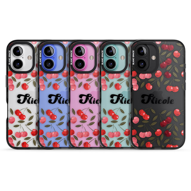 iPhone 16 Pro Max Personalised Cherry Pattern Black Impact Phone Case + Magsafe