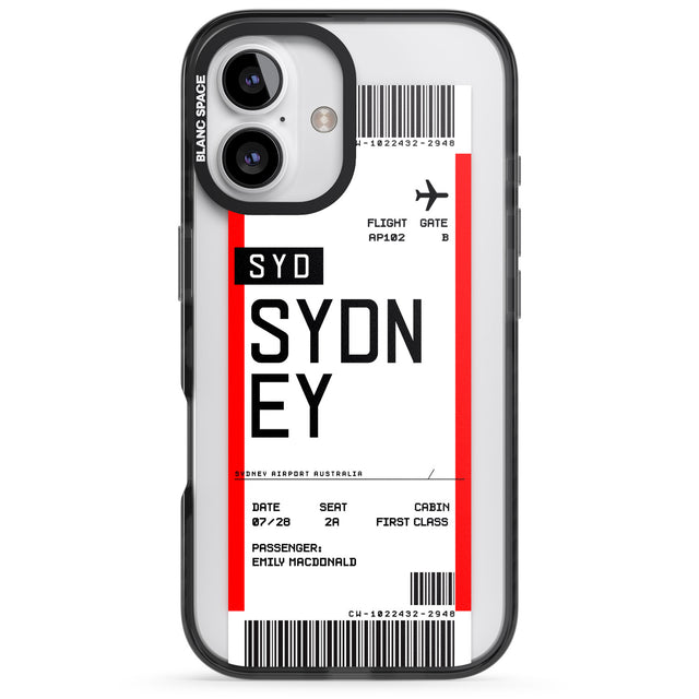 iPhone 16 Pro Max Personalised Sydney Boarding Pass Black Impact Phone Case