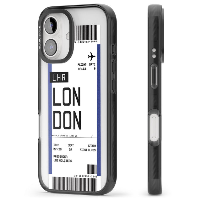 iPhone 16 Pro Max Personalised London Boarding Pass Black Impact Phone Case