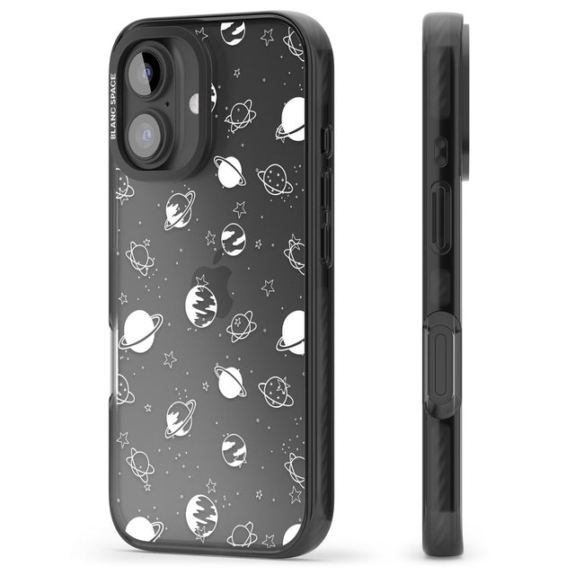 iPhone 16 Pro Max White Planets on Clear Black Impact Phone Case