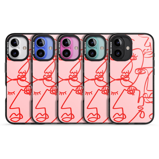 iPhone 16 Pro Max Abstract Continuous Line Faces Red on Pink Black Impact Phone Case