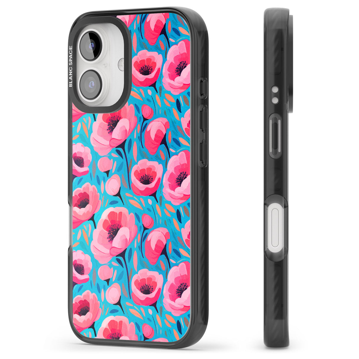 iPhone 16 Pro Max Tropical Pink Poppies Black Impact Phone Case