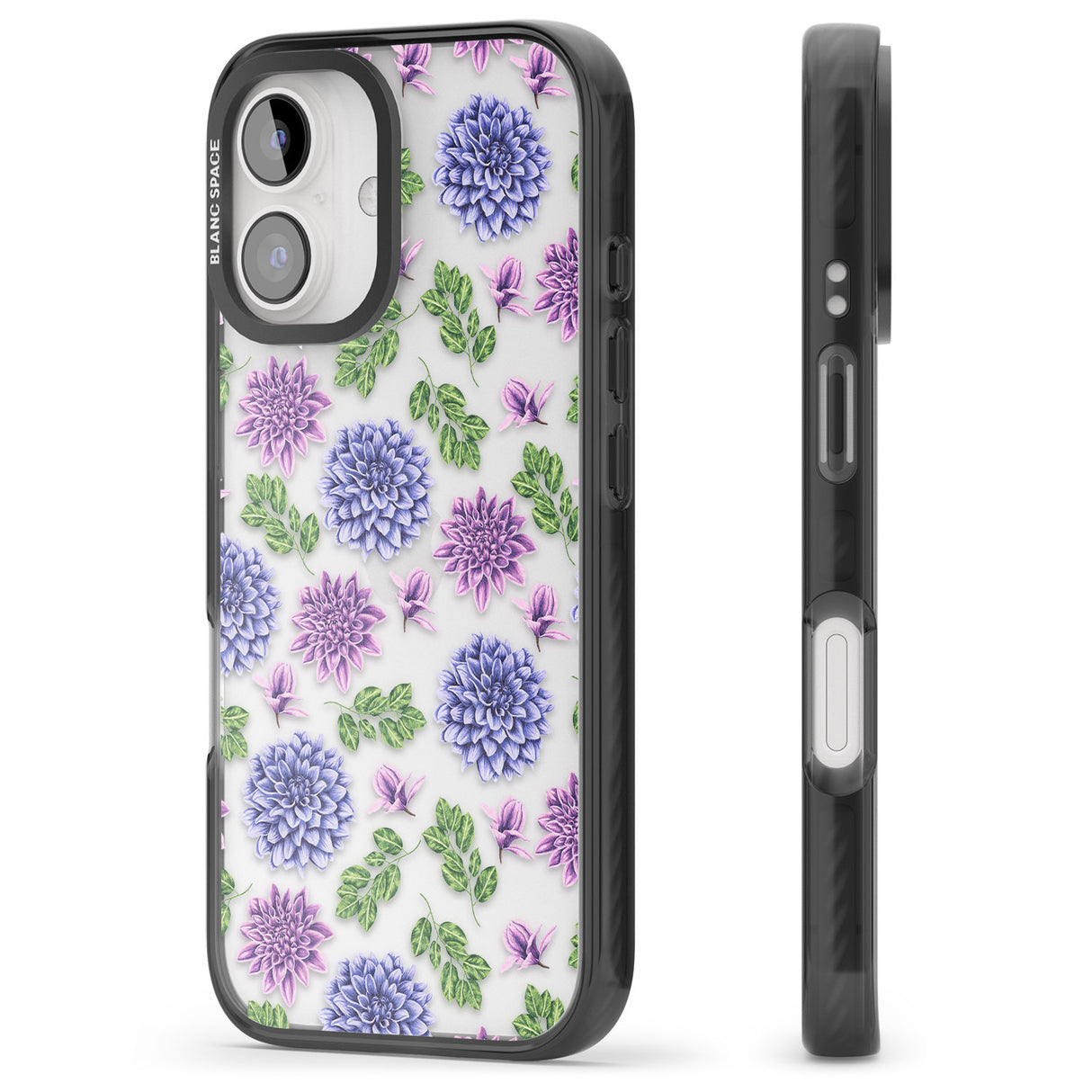 iPhone 16 Pro Max Purple Dahlias Transparent Floral Black Impact Phone Case