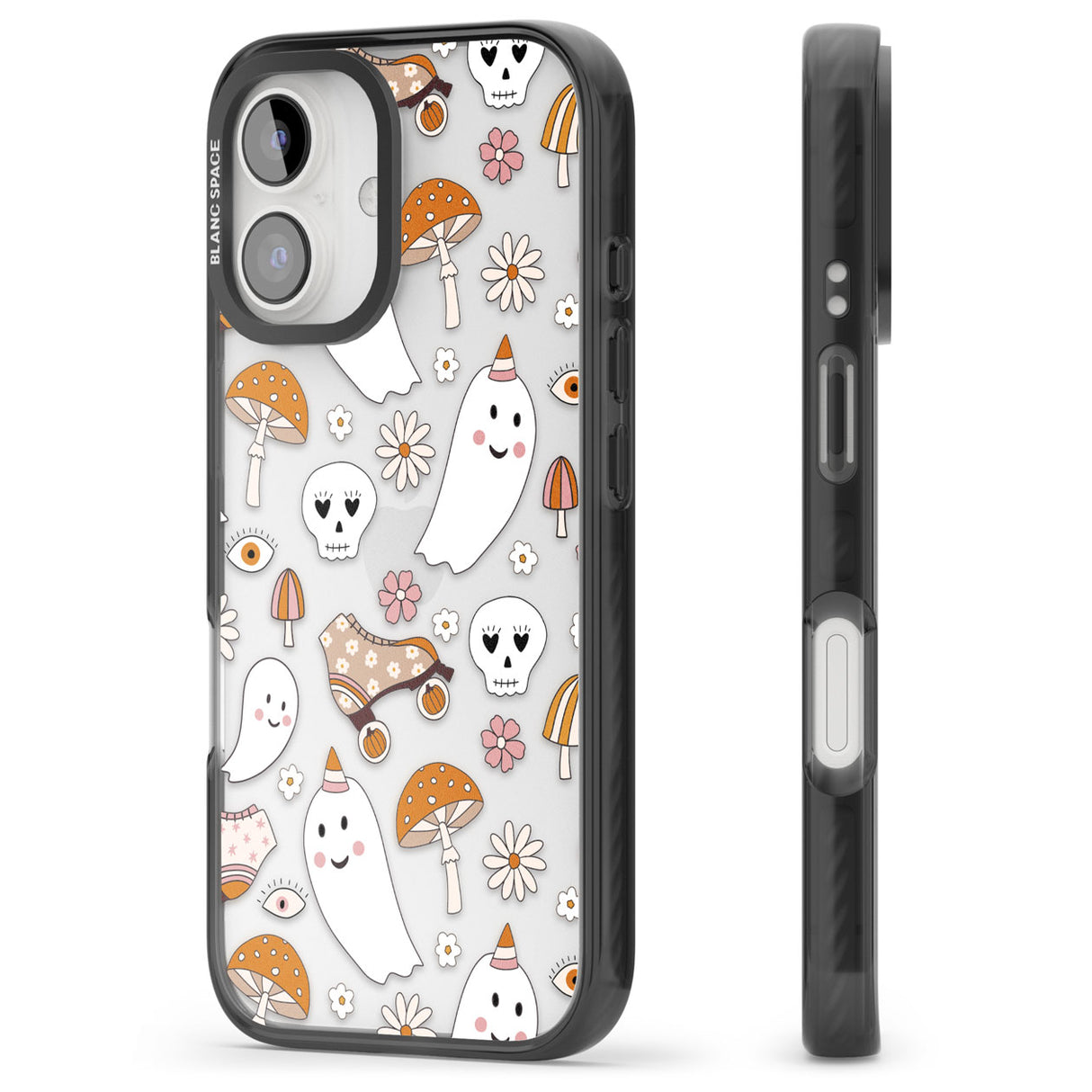 Cute Ghost and Skulls Pattern Black Impact Phone Case for iPhone 16, iPhone 16 Plus