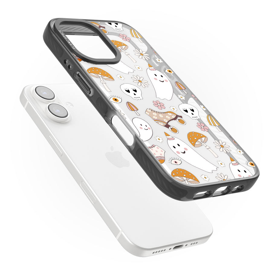 Cute Ghost and Skulls Pattern Black Impact Phone Case for iPhone 16, iPhone 16 Plus