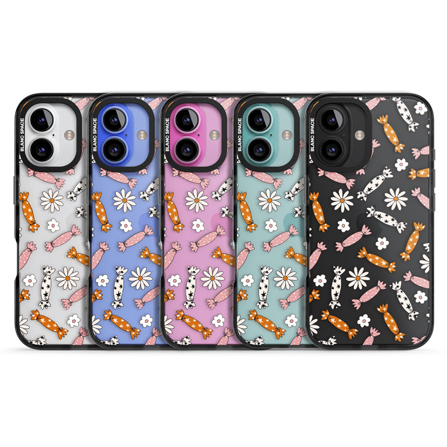 Floral Candy Black Impact Phone Case for iPhone 16, iPhone 16 Plus