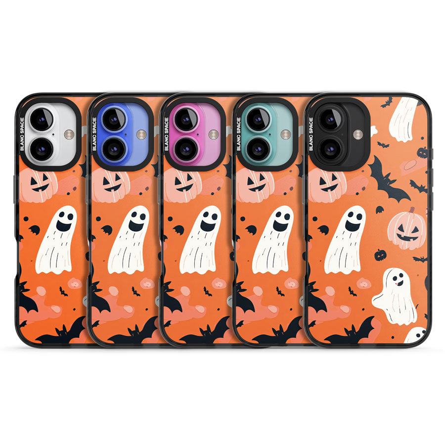 Orange Halloween Pattern Black Impact Phone Case for iPhone 16, iPhone 16 Plus