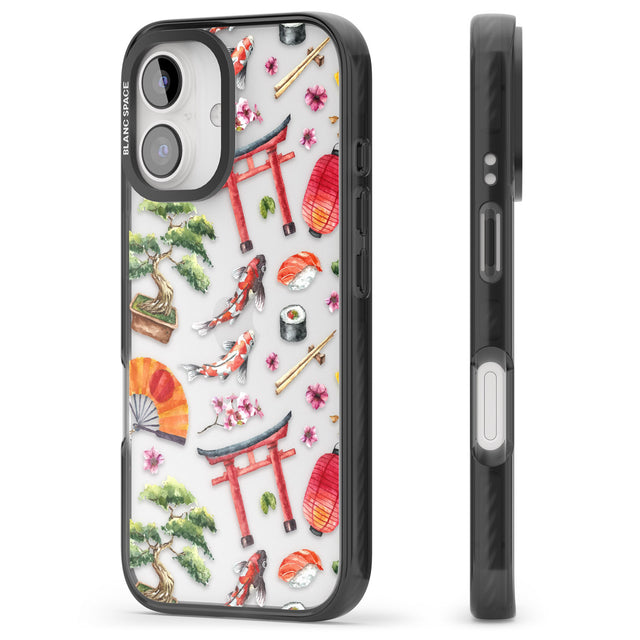 iPhone 16 Pro Max Mixed Japanese Watercolour Pattern Black Impact Phone Case