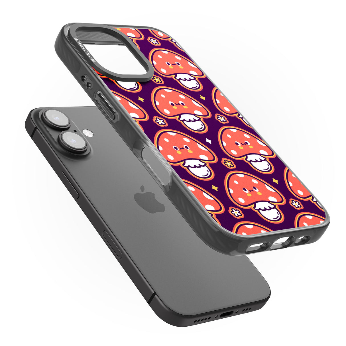 iPhone 16 Pro Max Mushroom Kawaii Pattern Black Impact Phone Case