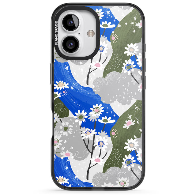 iPhone 16 Pro Max Blue & Grey Daisies Pattern Black Impact Phone Case