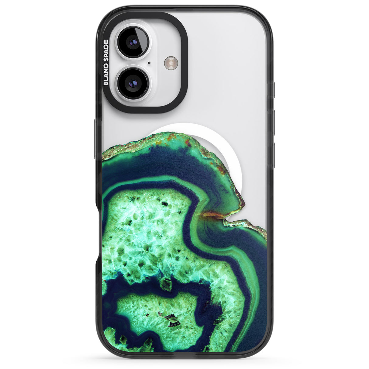 iPhone 16 Pro Max Neon Green & Blue Agate Crystal Transparent Design Black Impact Phone Case