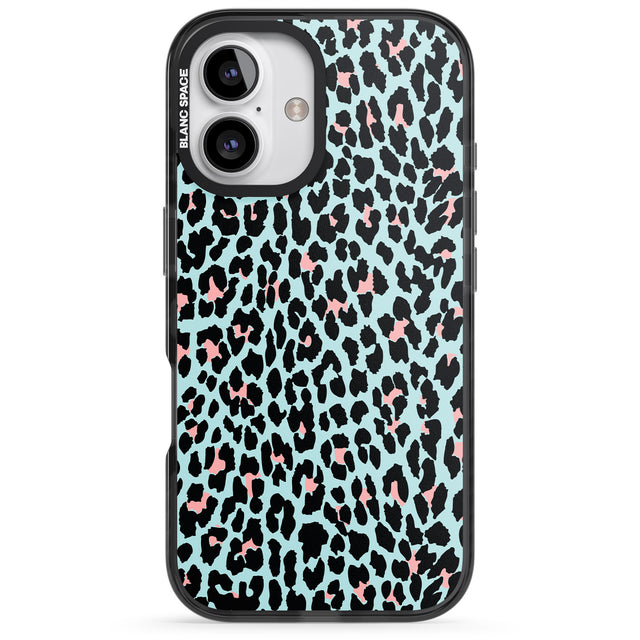 iPhone 16 Pro Max Light Pink on Blue Leopard Print Pattern Black Impact Phone Case