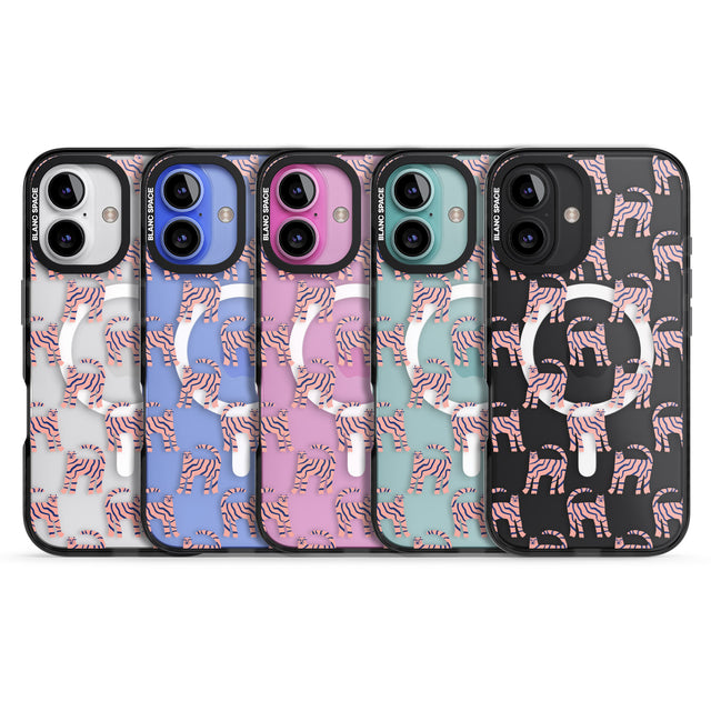 iPhone 16 Pro Max Pink and Blue Cat Pattern Black Impact Phone Case