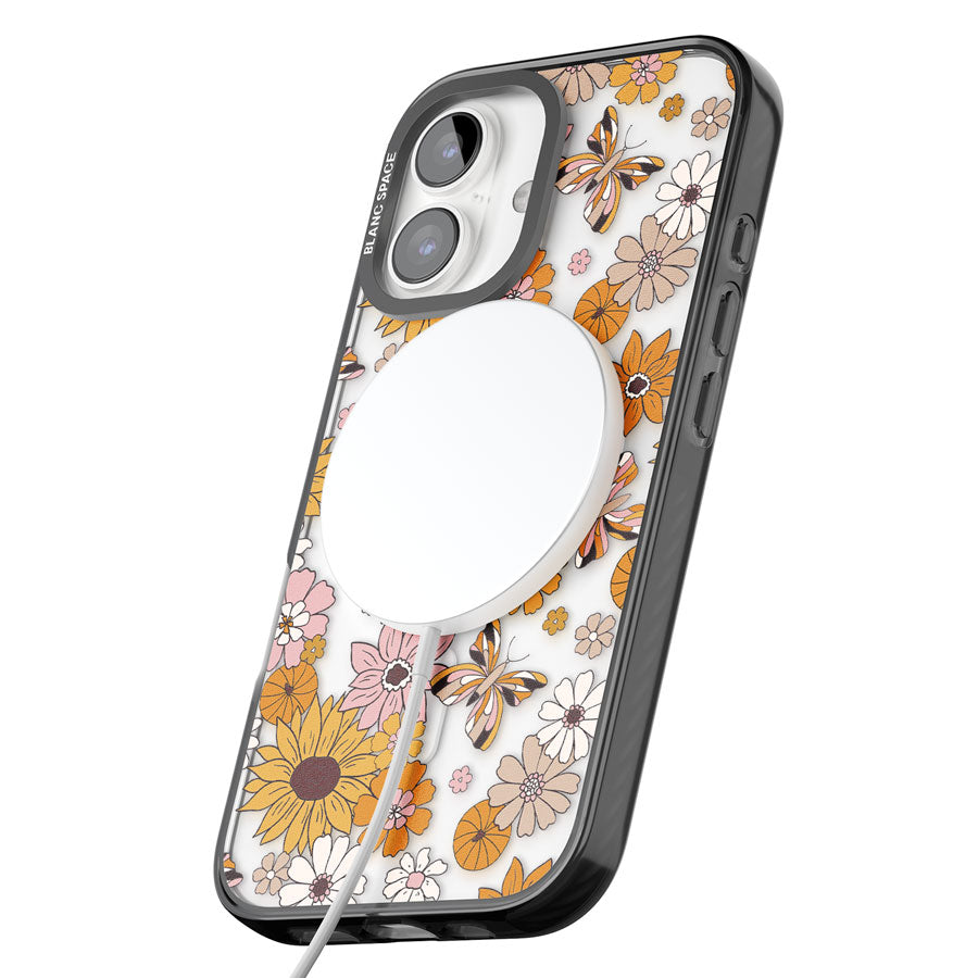 Butterfly & Bloom Autumn Floral Black Impact Magsafe Phone Case for iPhone 16, iPhone 16 Plus