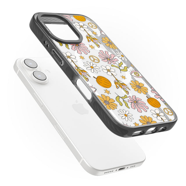 Retro Boho Fall Floral Black Impact Magsafe Phone Case for iPhone 16, iPhone 16 Plus