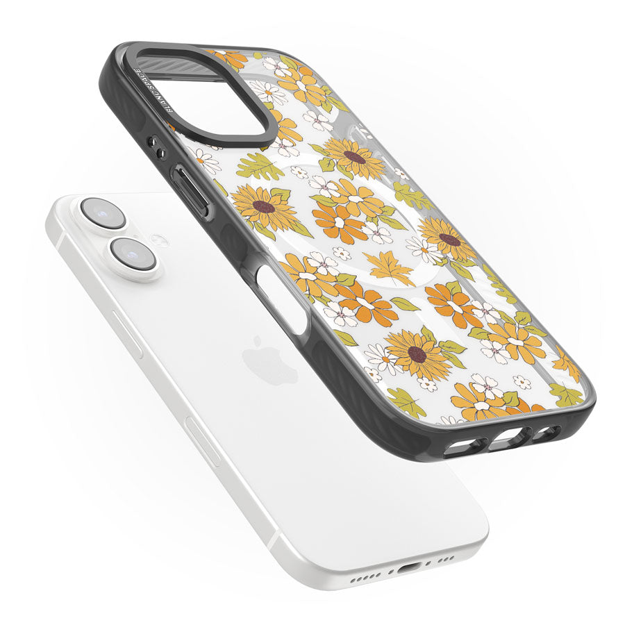 Boho Sunflowers Black Impact Magsafe Phone Case for iPhone 16, iPhone 16 Plus