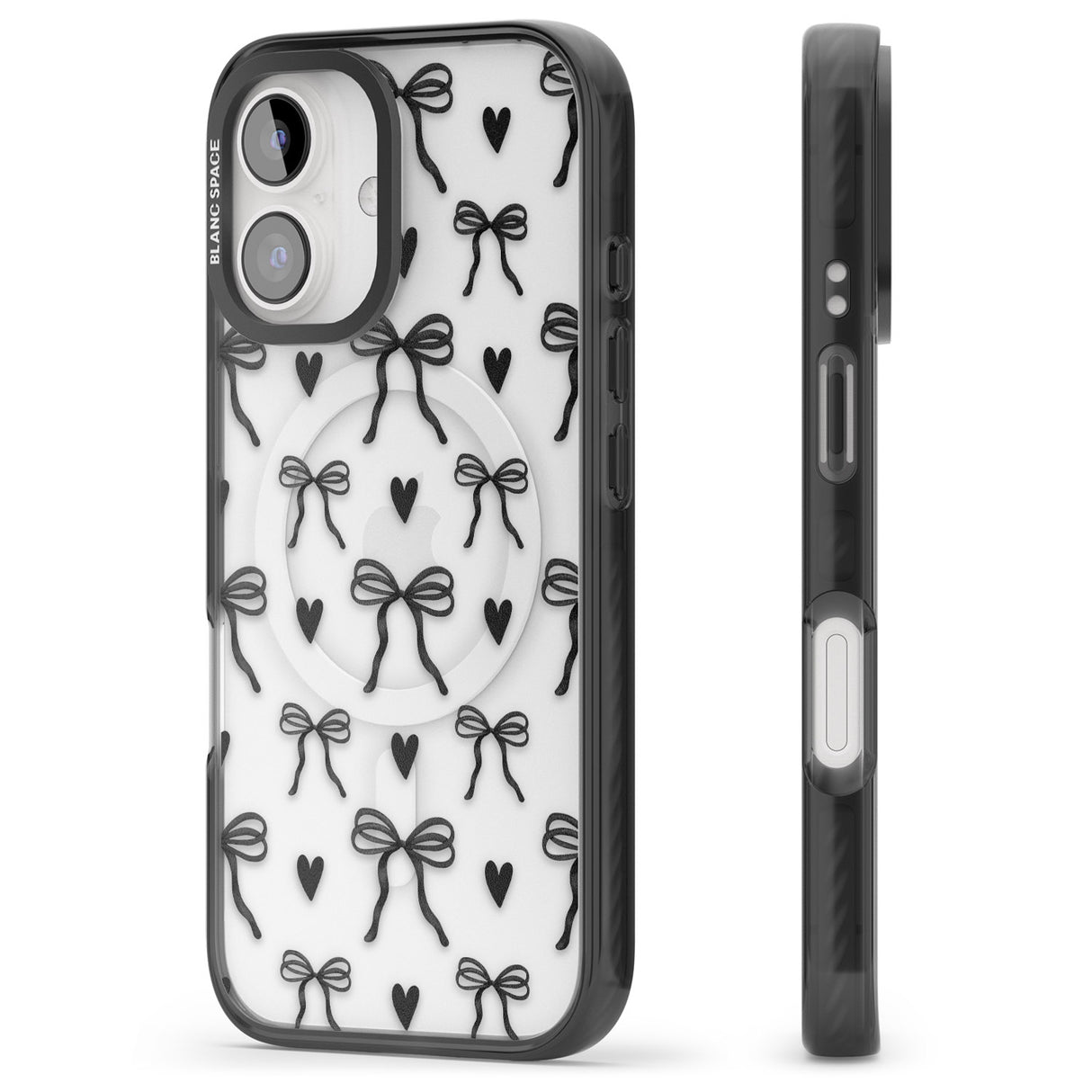 iPhone 16 Black Bows & Hearts Clear Impact Phone Case