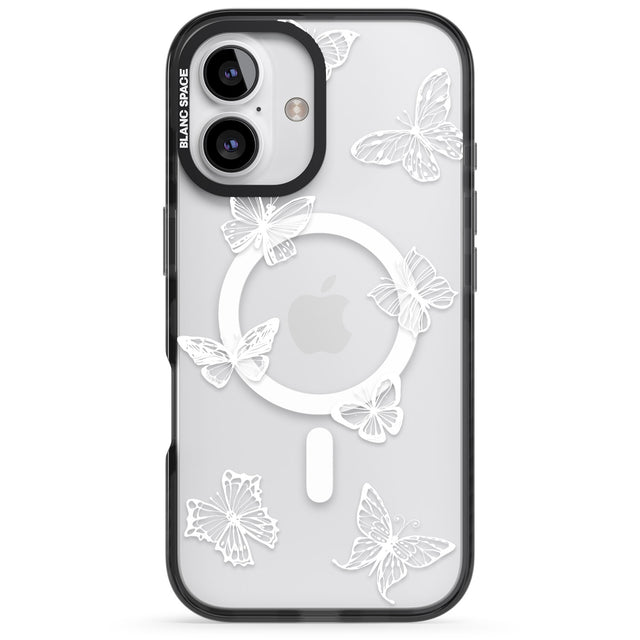 iPhone 16 Pro Max White Butterfly Line Pattern Black Impact Phone Case