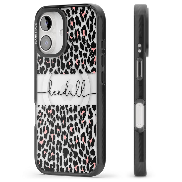 iPhone 16 Pro Max Personalised Pink & Cursive Leopard Spots Black Impact Phone Case