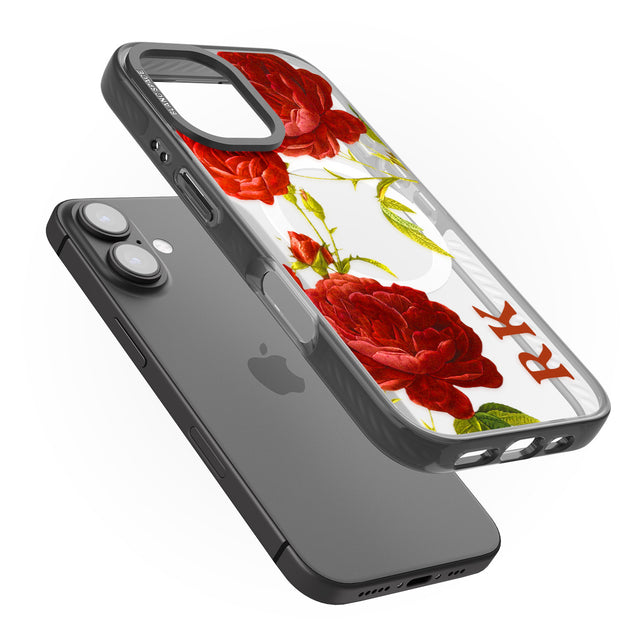 iPhone 16 Pro Max Personalised Clear Vintage Floral Red Roses Black Impact Phone Case