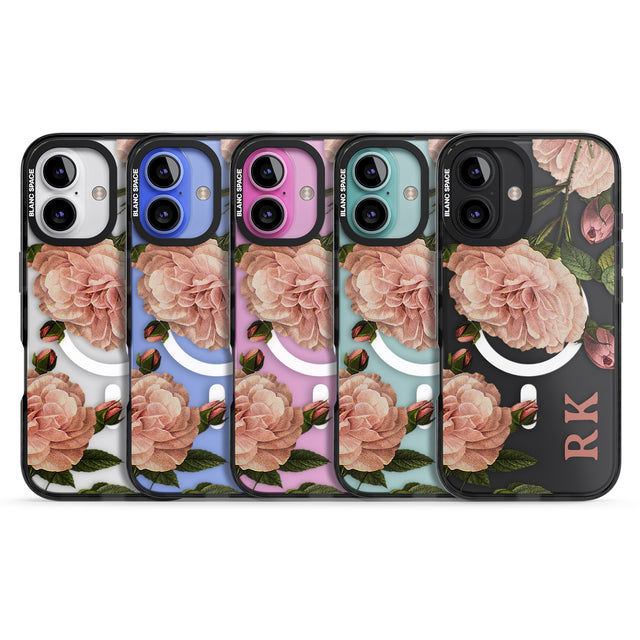 iPhone 16 Pro Max Personalised Clear Vintage Floral Pale Pink Peonies Black Impact Phone Case