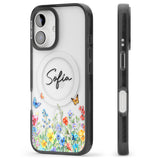 Personalised Buterflies & Wildflowers Black Impact Magsafe Phone Case for iPhone 16, iPhone 16 Plus