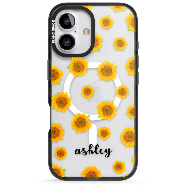 iPhone 16 Pro Max Personalised Sunflowers & Cursive Black Impact Phone Case