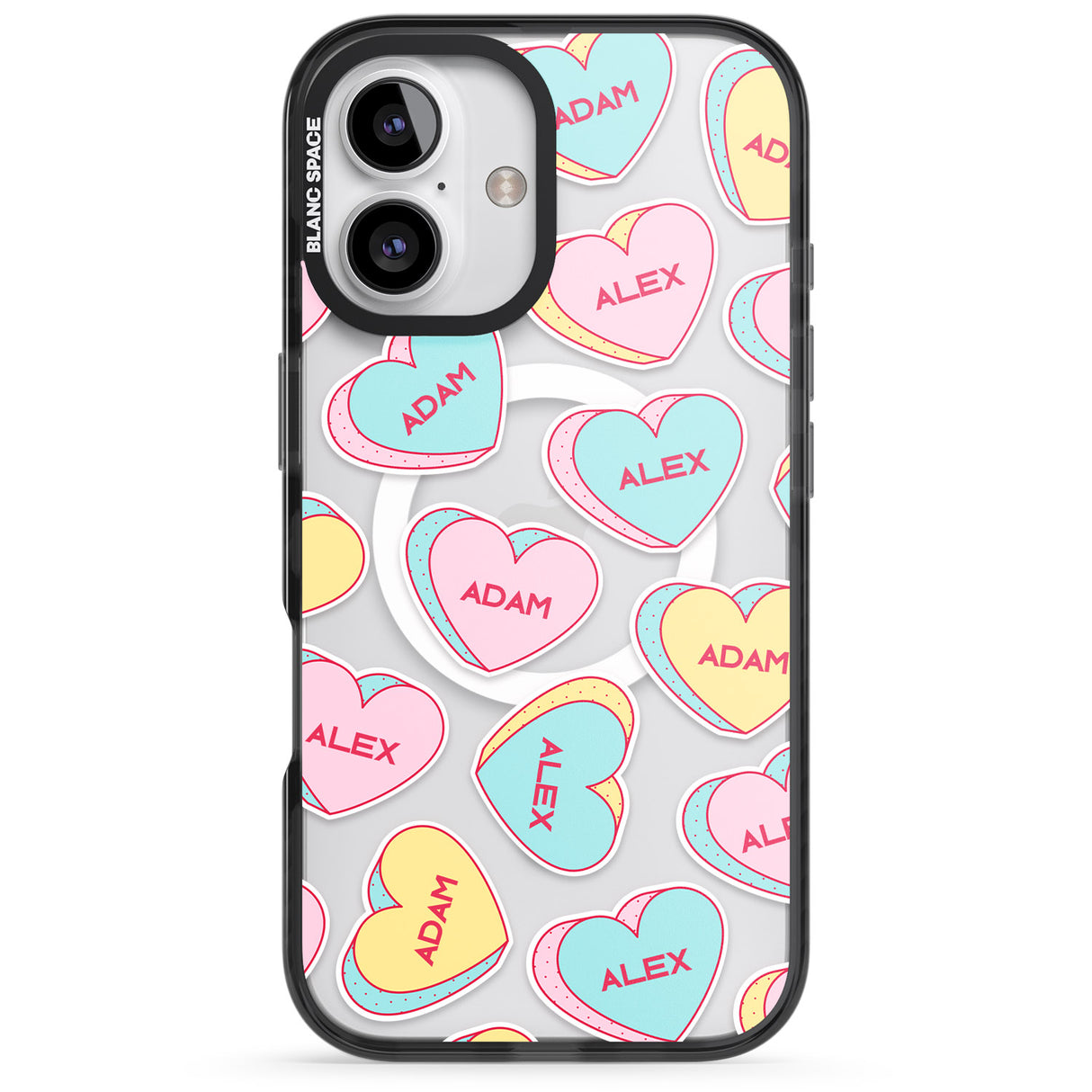 iPhone 16 Pro Max Personalised Text Love Hearts Black Impact Phone Case